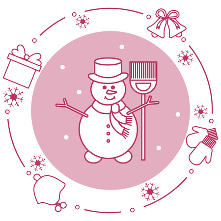Vector illustration: snowman in hat with broom, gift, rings, mittens, children's hat, snowflakes. Funny cartoon winter illustration. Happy New Year, Merry Christmas elements.のイラスト素材