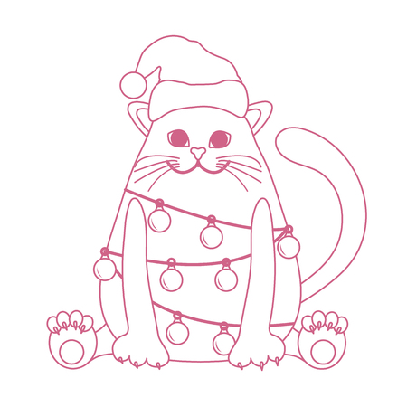 Happy New Year 2019 and Christmas vector illustration. Cat in a Christmas hat with a garland of light bulbs.のイラスト素材