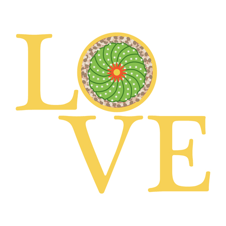Vector illustration with blooming cactus and inscription love. Love message. Greeting card happy Valentine's Day. Romantic background.のイラスト素材