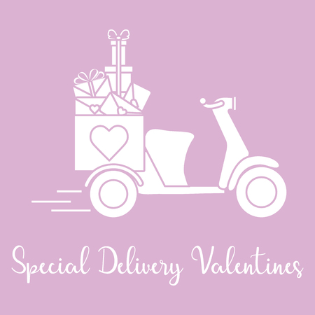 Delivery motorbike. Special delivery valentines. Happy Valentine's Day. Romantic background.のイラスト素材