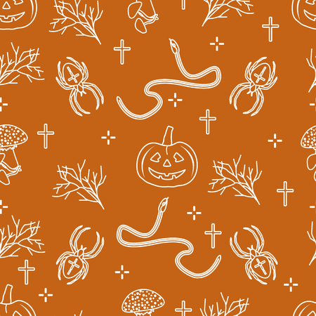 Halloween 2019 vector seamless pattern with pumpkins, branches, spiders, snakes, crosses. Design for decoration, wrapping, greeting cards, web page background, fabric, print.のイラスト素材