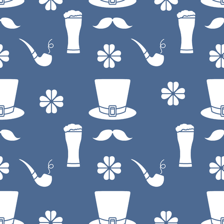 Seamless pattern with clover leaves, mustache, glass of beer, hat, smoking pipe. St. Patrick's Day. Holiday background. Irish vector pattern. Design for banner, poster, textile, print.のイラスト素材