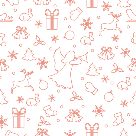 Happy New Year 2019 and Christmas seamless pattern. Winter illustration with angel, mittens, rabbit, sled, gift, snowflakes, deer, bell, Christmas sock, ball, mistletoe, Christmas tree.のイラスト素材