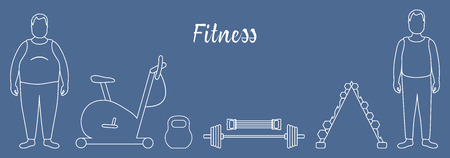 Time to fitness and sports. Healthy lifestyle. Men involved in sports. Slimming. Sports equipment: exercise bike, expander, barbell, dumbbells, kettlebell.のイラスト素材