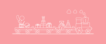 Funny vector illustration with train carries toys: pyramid, bear, gifts, ball, drum, balloons. Happy New Year 2019, Christmas, Birthday. Sale, shopping concept.のイラスト素材