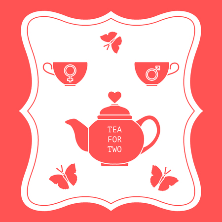 Vector illustration with teapot and two cups of tea with gender signs, butterflies. Tea for two. Happy Valentine's Day. Design for party card, banner, poster or print.のイラスト素材