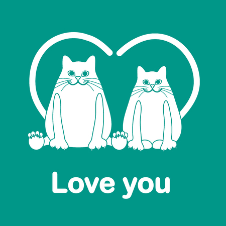 Vector illustration of two cats with heart shaped tails. Love, romantic concept. Happy Valentine's Day. Design for greeting card, party card, banner, poster or print.のイラスト素材