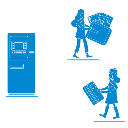 Vector illustration with two girls use ATM services. Bank card, wallet, banknote, coin. Personal finance management. Design for banner, poster or print.のイラスト素材