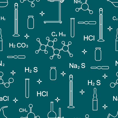 Scientific vector seamless pattern with flasks, test tubes, beakers, tools and formulas. Education elements. Chemistry, biology, medicine.のイラスト素材
