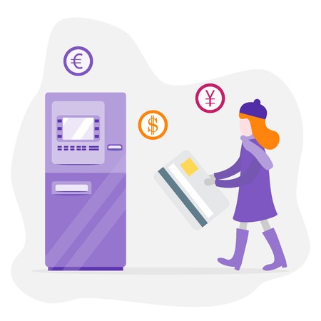 Vector illustration with girl goes to automatic teller machine or ATM with a bank card. Personal finance management. Design for banner, poster or print.のイラスト素材