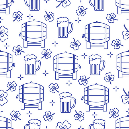 Seamless pattern with clover leaves, beer barrel, beer mug. St. Patrick's Day. Holiday background. Irish vector pattern. Design for banner, poster, textile, print.のイラスト素材
