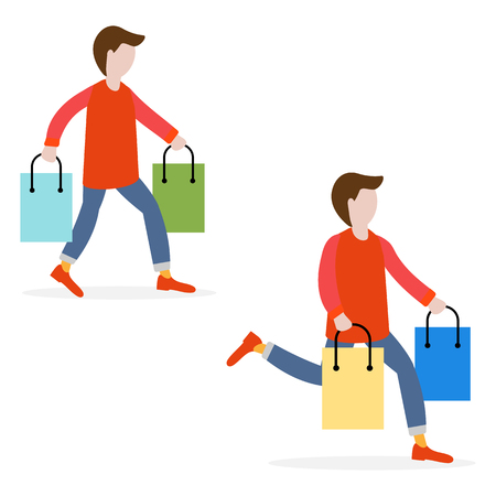 Men carry shopping bags from sale. Shopping men. Big sale. Black Friday. Men bought many gift bags. Special Offer. Design concept for banner, promotional materials, print.のイラスト素材