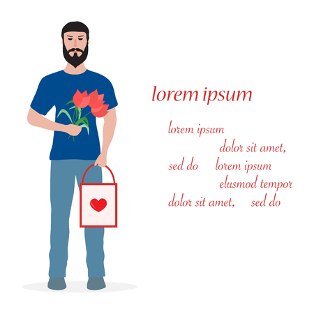 Young man with flowers and gift. Birthday, Valentine's day, Mother's Day vector background. Design for greeting card, banner, poster or print.のイラスト素材