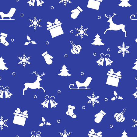 Happy New Year 2019 and Christmas seamless pattern. Winter illustration with mittens, sled, gift, snowflakes, deer, bell, Christmas sock, mistletoe, Christmas tree.のイラスト素材
