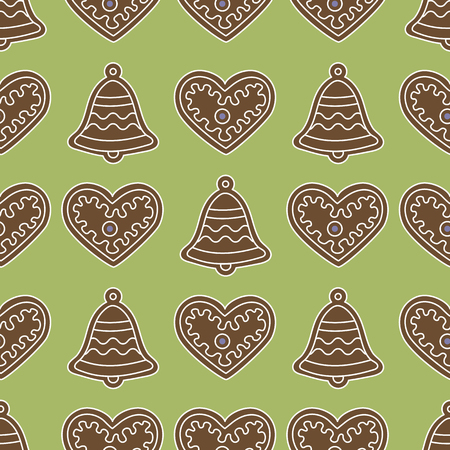 Seamless pattern with gingerbread bells and hearts. Holiday background. Design for banner, poster, textile, print.のイラスト素材