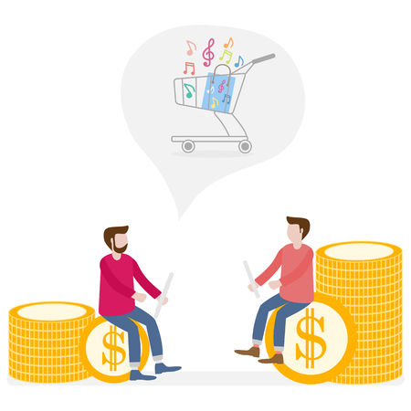 Application of augmented reality: AR for navigation in city or shopping center. Men with modern device plans to make purchases in a music store.のイラスト素材