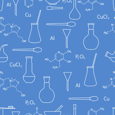Scientific vector seamless pattern with flasks, test tubes, beakers, tools and formulas. Education elements. Chemistry, biology, medicine.のイラスト素材