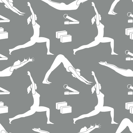 Seamless pattern with women in yoga poses, blocks, belt for yoga. Relax and meditate. Healthy lifestyle. Balance training. Design for banner and print.のイラスト素材