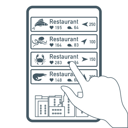 Application of augmented reality: AR for navigation in city or shopping center. Choosing fish restaurant, seafood restaurant by location, comments and likes by phone.のイラスト素材
