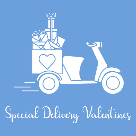 Delivery motorbike. Special delivery valentines. Happy Valentine's Day. Romantic background.のイラスト素材