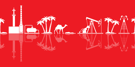 Vector seamless pattern with equipment for oil production, refinery plant, camel, palm trees. Heading or footer banner.のイラスト素材
