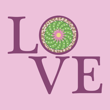 Vector illustration with blooming cactus and inscription love. Love message. Greeting card happy Valentine's Day. Romantic background.のイラスト素材