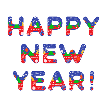 Inscription Happy New Year decorated with Christmas symbols. Festive background. Happy New Year 2019.のイラスト素材