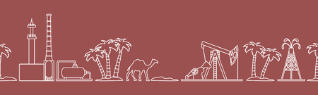 Vector seamless pattern with equipment for oil production, refinery plant, camel, palm trees....
