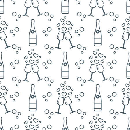 Seamless pattern with champagne glasses, hearts, bottle. Greeting card happy Valentine's Day. Romantic background.のイラスト素材