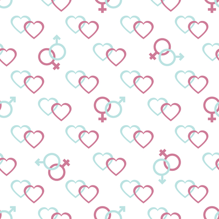 Seamless pattern with gender symbols and hearts. Male and female icons, hearts. Greeting card happy Valentine's Day. Romantic background.のイラスト素材