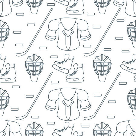 Seamless pattern with skates, goalkeeper mask, hockey stick, ice hockey puck, hockey shoulder pads. Winter sports background. Hockey equipment. Games, hobbies, entertainment.のイラスト素材