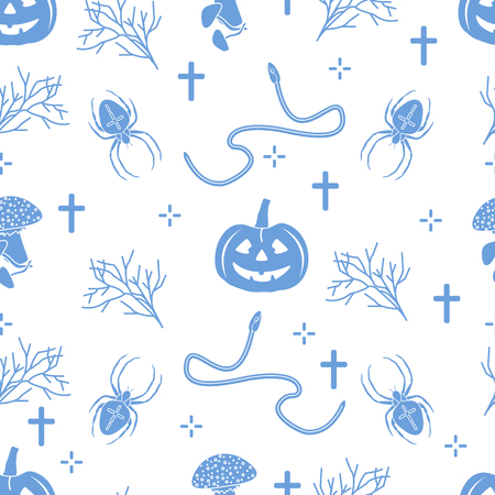 Halloween 2019 vector seamless pattern with pumpkins, branches, spiders, snakes, crosses. Design for decoration, wrapping, greeting cards, web page background, fabric, print.のイラスト素材