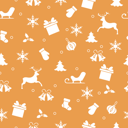 Happy New Year 2019 and Christmas seamless pattern. Winter illustration with mittens, sled, gift, snowflakes, deer, bell, Christmas sock, mistletoe, Christmas tree.のイラスト素材