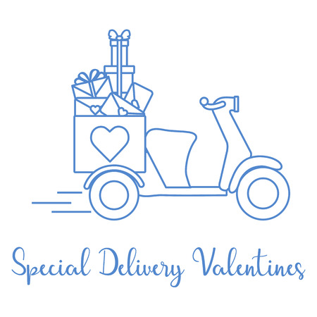 Delivery motorbike. Special delivery valentines. Happy Valentine's Day. Romantic background.のイラスト素材