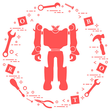 Robot, cubes with letters, toy tools (screwdriver, wrench, screw, hammer). Toys for children. Robotics, technologies. Design for banner, poster or print.のイラスト素材