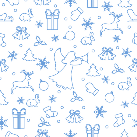 Happy New Year 2019 and Christmas seamless pattern. Winter illustration with angel, mittens, rabbit, sled, gift, snowflakes, deer, bell, Christmas sock, ball, mistletoe, Christmas tree.のイラスト素材