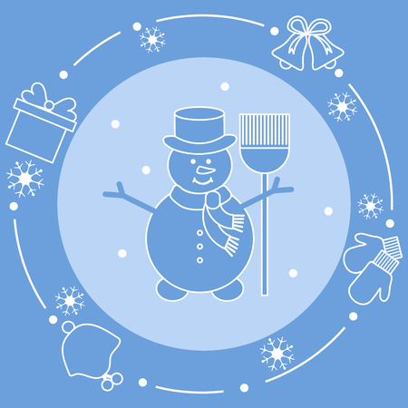Vector illustration: snowman in hat with broom, gift, rings, mittens, children's hat, snowflakes. Funny cartoon winter illustration. Happy New Year, Merry Christmas elements.のイラスト素材