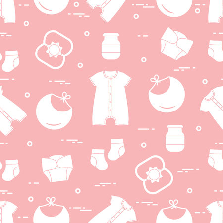 Seamless pattern with goods for babies. Newborn baby background. Bib, baby food can, rattle, socks, diapers, bodysuit.のイラスト素材