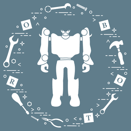Robot, cubes with letters, toy tools (screwdriver, wrench, screw, hammer). Toys for children. Robotics, technologies. Design for banner, poster or print.のイラスト素材
