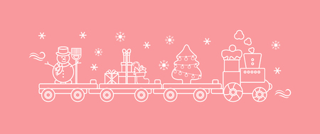 Funny vector illustration with Christmas train carries Christmas tree, snowman with broom, gifts. Happy New Year 2019, Christmas card.のイラスト素材