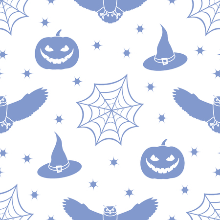 Halloween 2019 vector seamless pattern with cobweb, eagle owl, pumpkin, hat, witch, stars. Design for party card, wrapping, fabric, print.のイラスト素材