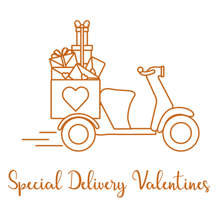 Delivery motorbike. Special delivery valentines. Happy Valentine's Day. Romantic background.のイラスト素材