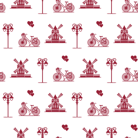 Seamless pattern with windmill, bicycle, lantern. Travel and leisure. Design for banner and print.のイラスト素材