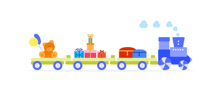 Funny vector illustration with train carries toys: dower chest, bear, gifts, balloons. Happy New Year 2019, Christmas, Birthday. Sale, shopping concept.のイラスト素材