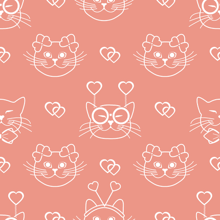 Seamless pattern with muzzle of cats in carnival masks, glasses, tie, bows, headbands and hearts. Greeting card happy Valentine's Day. Romantic background. Carnival festive concept.のイラスト素材