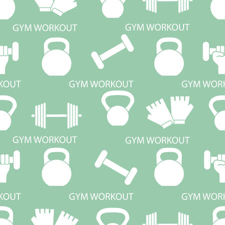 Seamless pattern with dumbbells, gloves, arm with dumbbells. Sports background. Weightlifting equipment.のイラスト素材