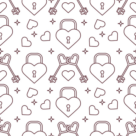 Seamless pattern with hearts, lock, keys in heart shape. Greeting card happy Valentine's Day. Romantic background. Design for banner, poster or print.のイラスト素材