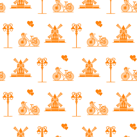 Seamless pattern with windmill, bicycle, lantern. Travel and leisure. Design for banner and print.のイラスト素材
