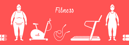Time to fitness and sports. Healthy lifestyle. Women involved in sports. Slimming. Sports equipment: yoga mats, treadmill, exercise bike, skipping pins.のイラスト素材