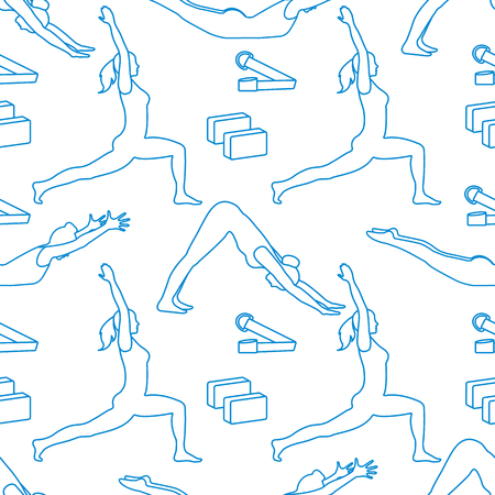 Seamless pattern with women in yoga poses, blocks, belt for yoga. Relax and meditate. Healthy lifestyle. Balance training. Design for banner and print.のイラスト素材